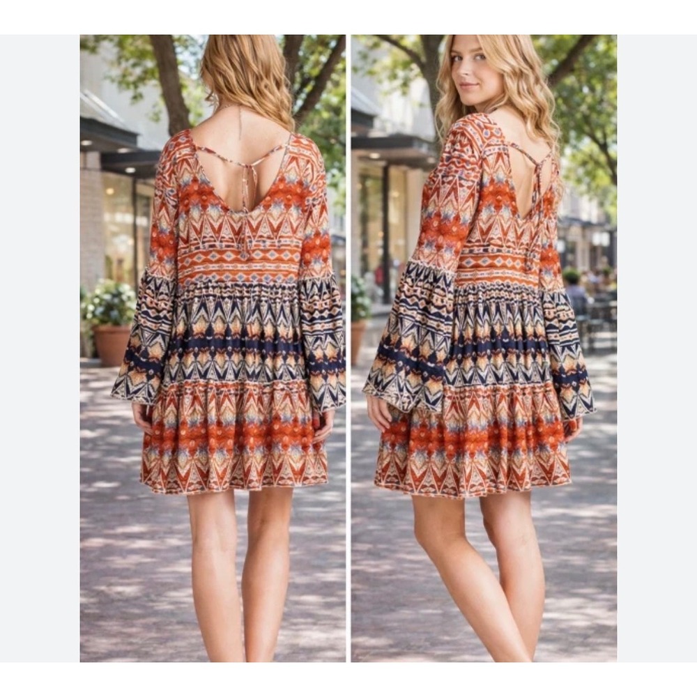 Velzera Boho Tribal Print Bell Sleeve Tiered Mini Dress Orange Navy Blue Small